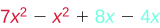 A mathematical expression displaying algebraic terms: 7x^2 - x^2 + 8x - 4x. The terms are color-coded, with x^2 terms in red and x terms in blue, to highlight like terms for simplification.