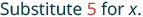 The text 'Substitute 5 for x.' is displayed in a dark teal color, except for the number '5' which is highlighted in red. The background is white.