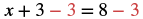 Isolating 'x' in x + 3 = 8 by subtracting 3 from both sides of the equation, shown as x + 3 - 3 = 8 - 3, with the subtracted 3s highlighted in red.