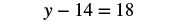 A mathematical equation is displayed, showing 'y - 14 = 18' in black text on a white background. This is a basic algebraic problem to solve for the variable 'y'.