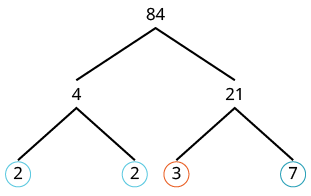 A prime factorization tree illustrating how the number 84 breaks down into its prime factors: 2, 2, 3, and 7.