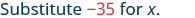 The image shows the text 'Substitute -35 for x.' in a light blue-grey font, with '-35' highlighted in red, against a white background.