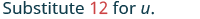 The text reads 'Substitute 12 for u.', where '12' is highlighted in red.