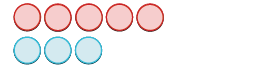 Five red circles are arranged in a horizontal row above three light blue circles, also in a horizontal row, set against a plain white background.