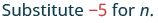 The text reads 'Substitute -5 for n.' with '-5' highlighted in red, indicating a specific instruction for a mathematical or variable substitution.