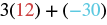 The mathematical expression 3(12) + (-30) is displayed, with the number 12 highlighted in red and -30 highlighted in blue.
