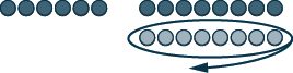 A diagram showing a row of 7 light grey circles encircled by an oval with a looping arrow, beneath two rows of 7 dark grey circles each.