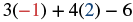 A mathematical expression reads 3 multiplied by negative 1, plus 4 multiplied by 2, minus 6. The number -1 is highlighted in red, and 2 is highlighted in blue.