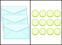 This image has two columns. In the first column are four envelopes. In the second column there are twelve blue circles.