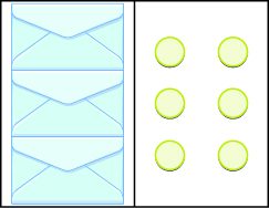 Three light blue envelopes are stacked vertically on the left side of a white background, while six light yellow circular tokens are arranged in two columns of three on the right.
