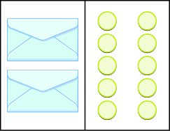 Two light blue envelopes are paired with ten light yellow circles arranged in two columns of five on a white background.