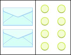 Two light blue envelopes are paired with eight light yellow circles arranged in two columns of four on a white background.