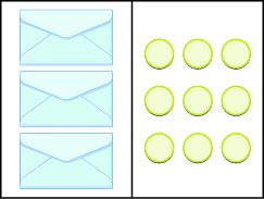 Three light blue envelopes are displayed on the left, while nine yellow-rimmed circles are arranged in a 3x3 grid on the right, all on a white background.