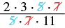 Simplification of a mathematical fraction where common factors 5 and 7 are crossed out in both the numerator (2*3*5*7) and denominator (5*7*11).