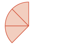 A quarter-circle shape, filled with a pale orange color and outlined in red, is sectioned into three distinct segments by two lines extending from the central point of the arc.