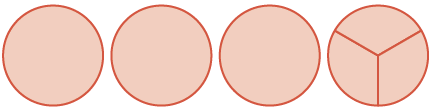 Four light red circles are shown in a row. The first three circles are solid and undivided, while the fourth circle is segmented into three equal parts, with lines meeting at its center.