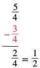A mathematical equation shows the subtraction of two fractions with a common denominator: 5/4 minus 3/4 equals 2/4, which simplifies to 1/2. The 3/4 is highlighted in red.