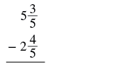 A vertical subtraction problem showing the mixed number 5 and 3/5, with 2 and 4/5 written below it, indicating 5 3/5 minus 2 4/5.