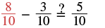 The image displays a fractional subtraction problem: 8/10 - 3/10. A question mark over the equals sign asks if the result is 5/10, evaluating the truth of the statement.