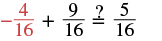 The mathematical expression -4/16 + 9/16 ?= 5/16, asking to verify the equality of the fractional sum.