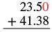 A vertical addition problem showing 23.50 plus 41.38. The trailing zero in 23.50 is highlighted in red, often to illustrate significant figures or decimal place alignment in math.