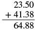 A vertical addition problem showing 23.50 plus 41.38 equals 64.88, demonstrating basic arithmetic with decimal numbers.