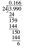 A long division calculation showing 3.990 divided by 24, yielding a quotient of 0.166 with a remainder of 6.