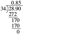 A long division calculation showing 28.90 divided by 34, yielding a quotient of 0.85 with a remainder of 0. The steps demonstrate the process of dividing the numbers.