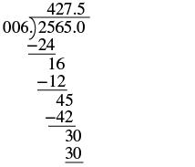 A long division calculation showing 2565 divided by 6, yielding a quotient of 427.5.