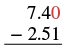 A vertical subtraction problem showing 7.40 minus 2.51, with the '0' in 7.40 highlighted in red to indicate the column where borrowing will begin for decimal subtraction.