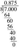 Long division calculation demonstrating 7 divided by 8 equals 0.875, showing each step of the process with a final remainder of 0.