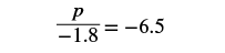 The image displays the algebraic equation p divided by -1.8 equals -6.5, presented in a black font against a white background.
