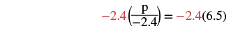 A mathematical equation shows '-2.4(P/-2.4) = -2.4(6.5)'. The number -2.4 is highlighted in red, indicating multiplication by -2.4 on both sides of the equation.
