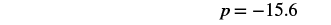 The image displays a mathematical equation: p = -15.6, rendered in a black serif font on a plain white background.