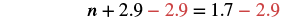 An algebraic equation showing the step of subtracting 2.9 from both sides: n + 2.9 - 2.9 = 1.7 - 2.9, with the subtracted 2.9 highlighted in red.