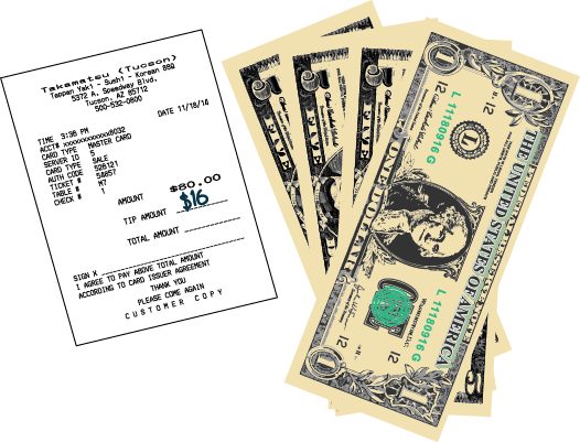 The figure shows a customer copy of a restaurant receipt with the amount of the bill, $80, and the amount of the tip, $16. There is a group of bills totaling $16.