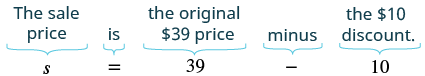 A visual breakdown of how to formulate an equation for a sale price (s), showing s = 39 - 10, where 39 is the original price and 10 is the discount.