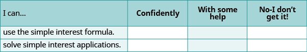 A self-assessment table for simple interest, asking users to rate their ability to use the formula and solve applications with options: Confidently, With some help, or No-I don't get it!