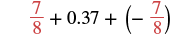 The equation 7/8 + 0.37 + (-7/8) is displayed, where 7/8 and -7/8 are additive inverses, simplifying the sum to 0.37.