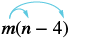 The image shows the algebraic expression m(n-4) with two blue arrows demonstrating the distributive property by indicating that 'm' multiplies both 'n' and '-4' within the parentheses.