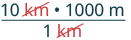 An image illustrating unit conversion, showing 10 kilometers multiplied by 1000 meters divided by 1 kilometer, with the 'km' units crossed out to demonstrate cancellation, resulting in meters.