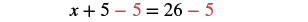A mathematical equation shows 'x + 5 - 5 = 26 - 5' with the subtracted '5' highlighted in red on both sides of the equality sign, illustrating a step in solving for x.