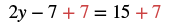 The equation 2y - 7 + 7 = 15 + 7 illustrates the step of adding 7 to both sides to simplify the expression and solve for y, with the added 7 highlighted in red.