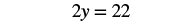The mathematical equation '2y = 22' is displayed in black text on a white background.