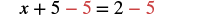 The equation x + 5 - 5 = 2 - 5 is shown, illustrating a step in solving for x by subtracting 5 from both sides, with the subtracted 5s in red.