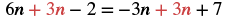 An algebraic equation 6n + 3n - 2 = -3n + 3n + 7, with variables and constants. Some terms are highlighted in red.