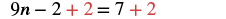 A mathematical equation shows '9n - 2 + 2 = 7 + 2', where the '+ 2' on both sides of the equals sign is highlighted in red, demonstrating the addition property of equality.