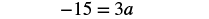 A mathematical equation shows '-15 = 3a' on a white background.