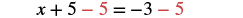 A mathematical equation is displayed on a white background: x + 5 - 5 = -3 - 5. The two '5's on the left side are in black, while the '-5' after the 'x+5' and the '-5' after the '-3' are in red.