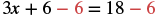 An algebraic equation showing the subtraction of 6 from both sides to solve for x: 3x + 6 - 6 = 18 - 6.